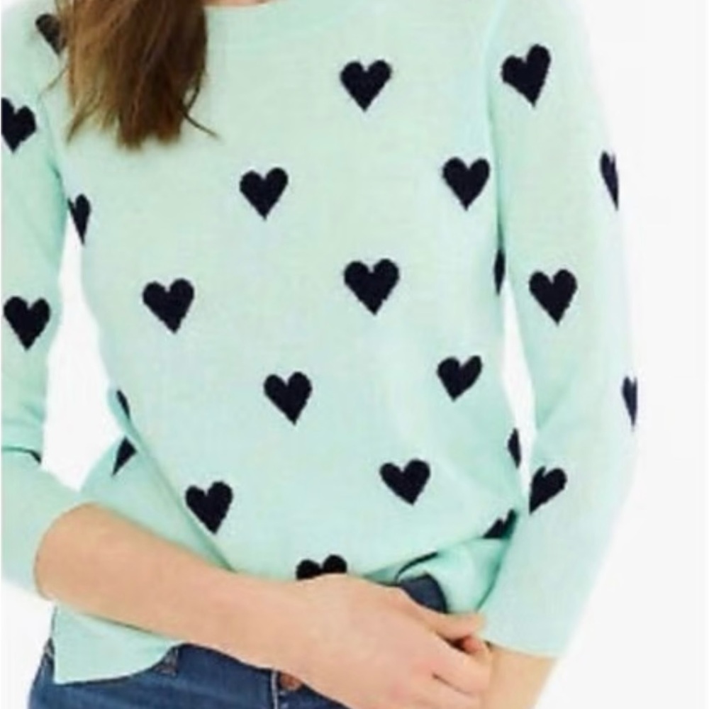 J. Crew Mint Green Sweater with Navy Heart Pattern
